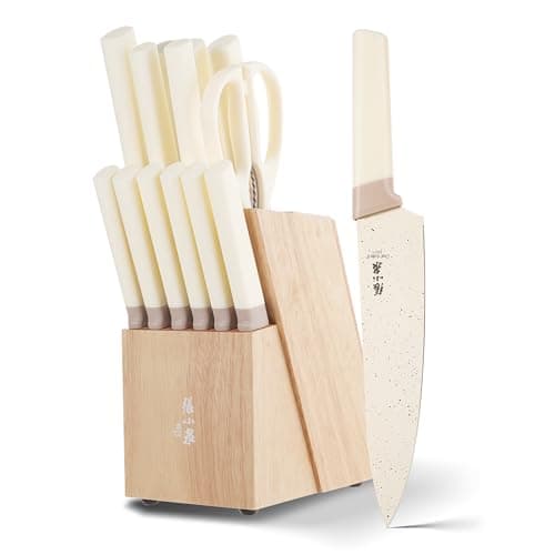 ZHANG XIAO QUAN Knife Set with White Block, High Carbon Stainless Steel Sharp Blades, Built-in Sharpener Kitchen Knife Block Set for Home Cooking - Image 1