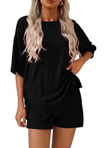 KIRUNDO 2 Piece Sets for Women Summer Lounge Sets Casual Oversized Tshirts Shorts Matching Airport Travel Outfits Postpartum(Black, XX-Large) - Image 1