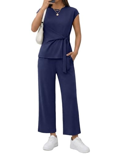 Casly Lamiit Two Piece Sets for Women Summer Airport Travel Outfits Lounge Set Cropped Wide Leg Pants Sets Navy Blue XL - Image 1