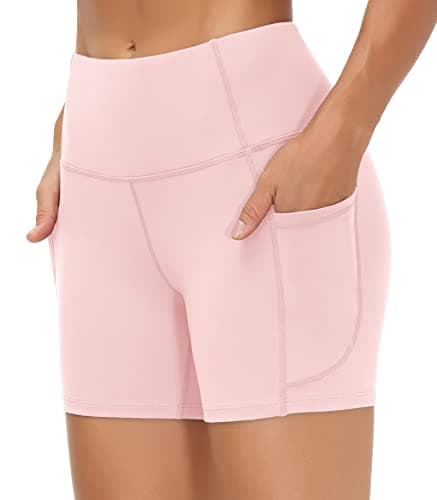 THE GYM PEOPLE High Waist Yoga Shorts for Women's Tummy Control Fitness Athletic Workout Running Shorts with Deep Pockets (Small, Pink) - Thumbnail 3