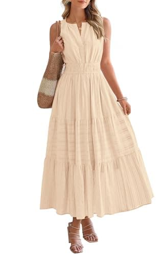 BTFBM Summer Dresses for Women 2026 Sleeveless Boho V Neck A Line Flowy Spring Casual Maxi Dress Beach Vacation Pockets(Apricot, Small) - Image 1