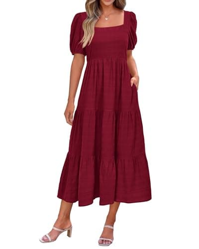 PRETTYGARDEN Women's Summer Dresses 2026 Puff Sleeve Square Neck High Waist Smocked A-Line Flowy Loose Fit Midi Dress(Wine Red,XX-Large) - Image 1