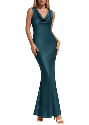 KIRUNDO Womens Summer Cowl Neck Sleeveless Satin Maxi Dress Elegant Bodycon Cocktail Wedding Guest Party Long Dresses(Dark Blue, Large) - Image 1