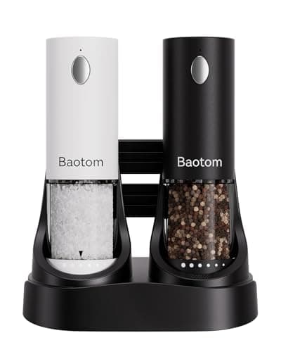 Baotom Electric Salt and Pepper Grinder Set with Dual Charging Base, 6 Adjustable Coarseness Levels & External Grind Settings, One-handed Operation Salt and Pepper Mills with LED Light,Black & White - Image 1