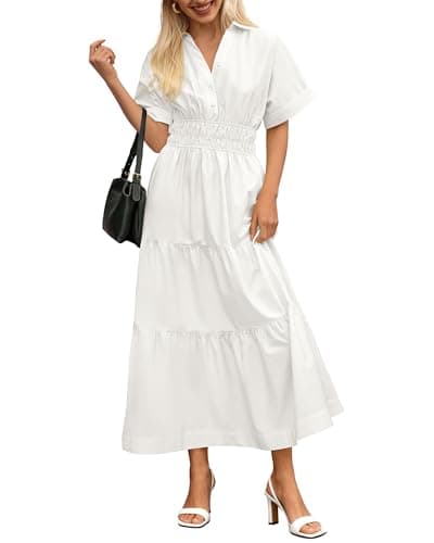 BTFBM Wedding Guest Dresses for Women Beach Fashion Casual Short Sleeve V Neck Solid Spring Summer Boho Maxi Dress (White,Small) - Image 1