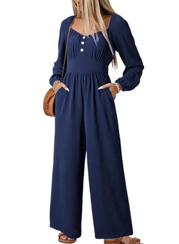 Dokotoo Sleeveless Jumpsuits for Women 2026 One Piece Spring Square Neck Flowy Rompers Smocked Waisted Sexy Business Casual Wide Leg Cruise Outfits Plus Size with Pockets,Navy Blue Small - Image 1
