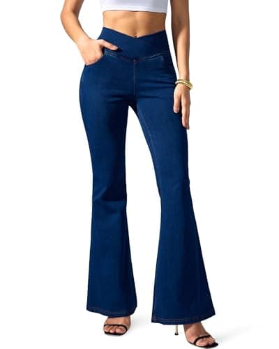 Flvsun Womens High Waisted Flare Jean Leggings Bell Bottom Jeans for Women Knit Crossover Stretchy Bootcut Jeans Sapphire Blue XS - Image 1