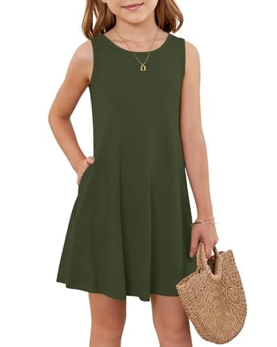 Girls Sleeveless Summer Dress Kids Crewneck Casual Mini Floral A Line Beach Sundresses with Pockets 5-14 Years Army Green XS - Image 1