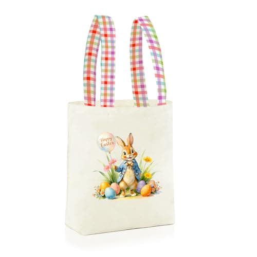 DCLOVERY Easter Basket Bunny Canvas Tote Bag, 12.2x11 Inches, Natural Canvas, Hand-Carry, for Gift and Easter Egg Collection (B-Blue) - Image 1