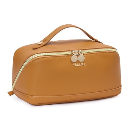 Telena Leather Make Up Bag Portable Travel Makeup Bag Waterproof Cosmetic Bags for Women Large Capacity With Handle and Divider Open Lay Flat - Image 1