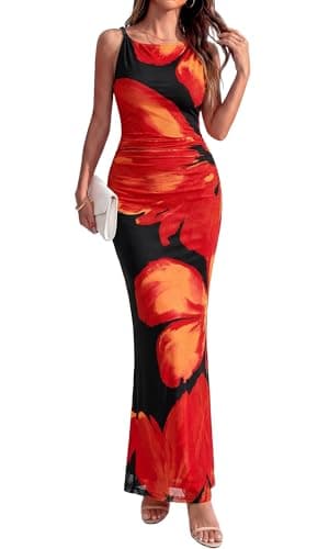 BTFBM Women Floral Cocktail Wedding Guest Dress Summer Spring 2026 Twist Strap Bodycon Mesh Beach Vacation Maxi Dresses(Floral Black Red, X-Large) - Image 1