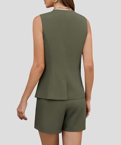 Casly Lamiit Womens 2025 Two Piece Shorts Sets Sleeveless Button Down Vest Summer Business Casual Outfits Dressy Interview Work Pants Suit Army Green XS - Thumbnail 4