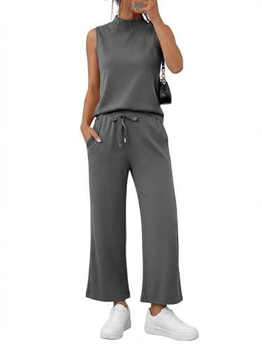 Casly Lamiit Two Piece Set for Women Casual Summer Outfit Lounge Sleeveless Wide Leg Matching Pants Sets Beach Vacation Travel Outfits Dark Grey S - Image 1