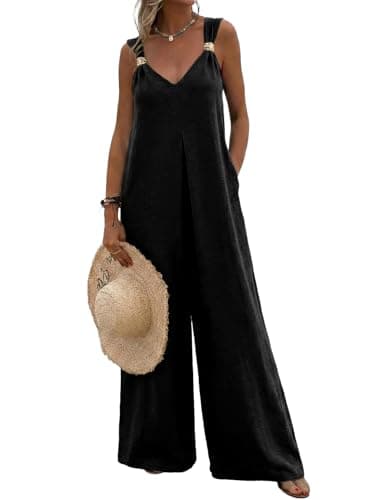 Acelitt Womens Casual 2026 One Piece Jumpsuits Dressy Fashion Fall V Neck Sleeveless Loose Wide Leg Long Pant Rompers Outfits Black Small