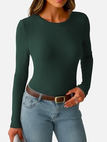 GKBK Womens Long Sleeve Ribbed Tops Fitted Stretch Basic Tee Shirts Casual Crewneck Tight Layering Lightweight Sweaters 2026 Fall Fashion Outfits Dark Green - Thumbnail 2