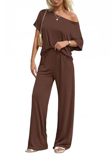 KIRUNDO Lounge Sets for Women Airport Travel Outfit 2026 Summer Off the Shoulder Tops Wide Leg Pants 2 Piece Matching Set(Brown, Medium) - Image 1