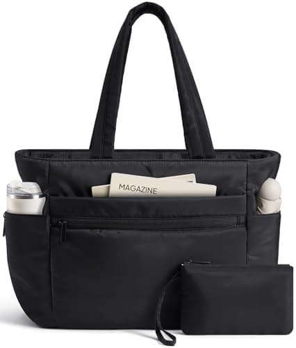 TOPEAST Tote Bag for Women, Lightweight Puffer Travel Tote Bag 17" Laptop Work Bag with Zipper, Black Large Capacity Puffy Gym Shoulder Bag Purse for Teacher Nurse Student - Image 1