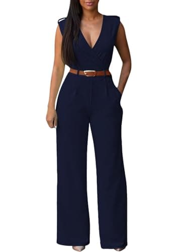 Pink Queen Jumpsuits For Women Dressy Formal Work Wrap V Neck Wide Leg Long Pants Rompers Pockets Dark Blue L - Image 1