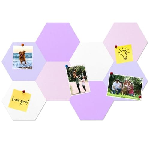 HULAVO 8 Pcs Hexagon Felt Cork Bulletin Board Tiles, Self Adhesive DIY Bulletin Board Pin Board for Office School Home Wall Decor Memos Photos Display(Purple & Pink)