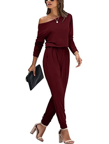 STOLKISS One Shoulder Jumpsuits for Women Dressy Elegant Long Sleeve Pants Jumper One Piece Outfits Rompers with Pockets Red - Image 1