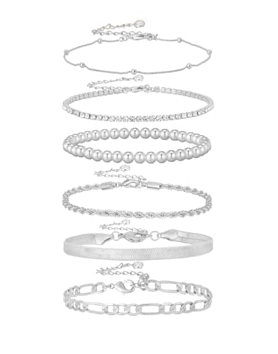 A ALARTAN Gold Bracelets for Women 14K Gold Plated Stack Trend Bracelets Charm Paperclip Chain Bracelet (6Pcs Beaded Silver) - Image 1