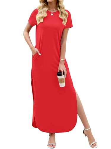 Heymoments Womens Summer Maxi Dress Red Large Short Sleeve Casual Loose Fitted Long T Shirt Ladies Flowy Dresses Split Cute Vacation Party Beach Travel Elegant Sundress with Pockets - Image 1