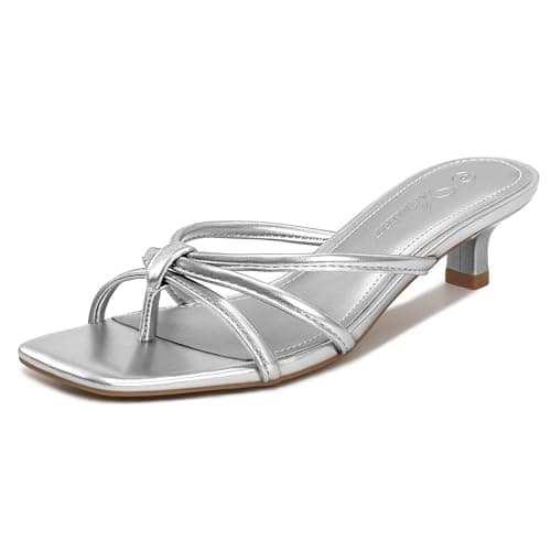 Athlefit Kitten Heels for Women Square Toe Strappy Low Heel Thong Sandals Slip On Dress Flip Flop Silver Heels for Prom Size 6 - Image 1