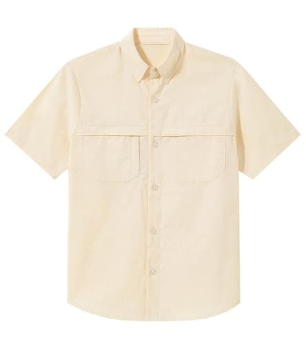 Funnycokid Boys Dress Shirts Button Down Short Sleeve Size 14 13 Teen Beige Casual Cotton Woven with 3 Pockets - Image 1