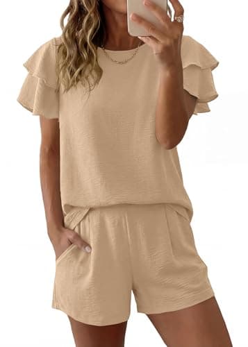 KIRUNDO Two Piece Short Sets For Women 2026 Spring Summer Ruffle Short Sleeve Top Elastic Waist Pants Travel Beach Lounge Set(Khaki, XX-Large) - Image 1