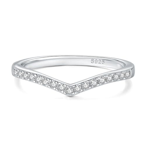 HYLYLEED Moissanite V Shaped Wedding Band 925 Sterling Silver 18K White Gold Plated Rings for Women Ladies Engagement Eternity Ring Thin Stackable, V Shape, Size 9 - Image 1