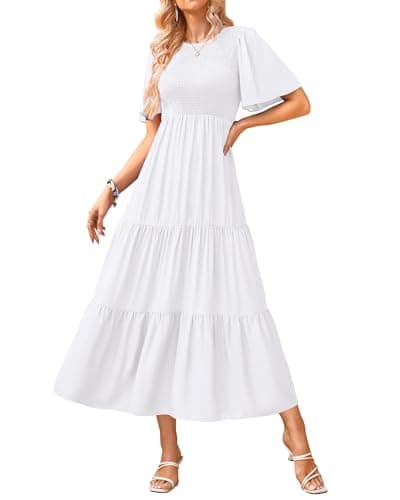 KIRUNDO White Dress Women Elegant Summer Short Sleeve A Line Midi Casual Flowy Smocked Crew Neck Ruffle Tiered Beach Vacation Dresses(XX-Large, White) - Image 1
