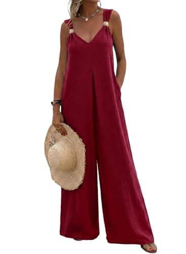 Acelitt Women Casual 2026 One Piece Jumpsuits Dressy Fashion Fall V Neck Sleeveless Loose Wide Leg Long Pant Rompers Outfits Red Medium