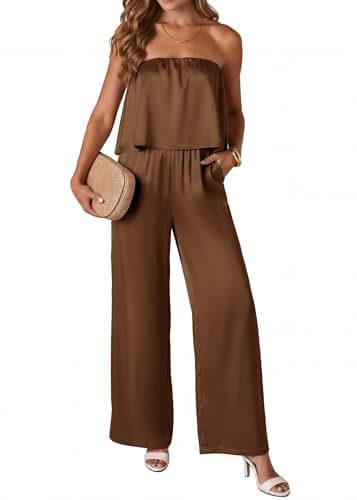 KIRUNDO Jumpsuits For Women Dressy 2026 Casual Tube Top Summer Romper Flowy Satin Strapless One Piece Vacation Outfits(Brown, XX-Large) - Image 1