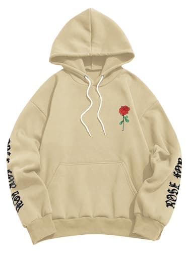 ZAFUL Men's Fleece Hoodie Unisex Rose Letter Print Hooded Pullover Kangaroo Pocket Sweatshirt Khaki L - Image 1