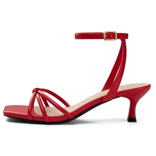 Athlefit Kitten Heels for Women Red Square Open Toe Strappy Low Heels Ankle Strap Summer Sexy Party Dress Sandals Size 7.5 - Thumbnail 4
