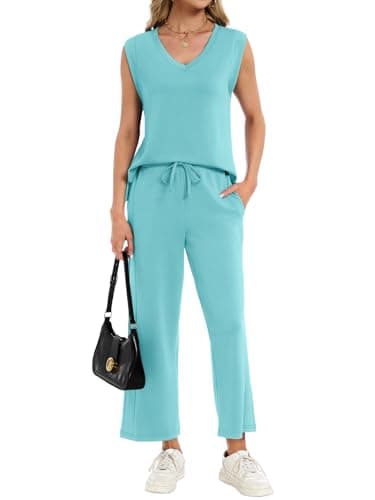 YOKGO Two Piece Sets for Women Summer Outfits V Neck Lounge Sets Business Casual Vacation Travel Matching Set - Thumbnail 2