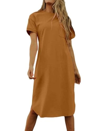 Dyexces Womens Summer Tshirt Midi Dresses Tshirts Crew Neck Short Sleeve Dress T-Shirts Solid Basic Casual Maxi Dresses with Pocket T-Shirt Dresses Khaki - Image 1
