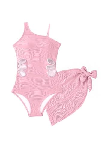 blibean Girls Swimsuit Size 10-11 Pink Teen One Piece Bathing Suit with Cover Up Skirt Big Kids Adjustable Strap Swimwear Tween Cute Texture Traje Baño Niñas Padded Cutout Swimming Suit - Image 1