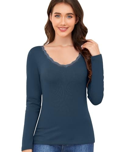 Ganado Long Sleeve Shirts for Women Lace V Neck Thermal Shirt Fitted Basic Tops Plain Layering Undershirts (Dark Blue, Medium) - Image 1
