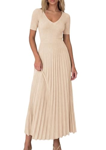 PRETTYGARDEN Women's 2026 Spring Midi Sweater Dresses Elegant Pleated Ribbed Knit Short Sleeve V Neck A Line Summer Outfits (Beige,Small) - Image 1