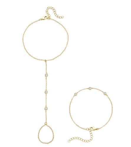 adoyi Gold Bracelets for Women 14K Gold Plated Trendy Hand Chain Bracelet Stackable Ring Bracelet Stack Set Adjustable Hand Chain Link Layered Waterproof Jewelry Sets Gifts for Women 6.7"+2"