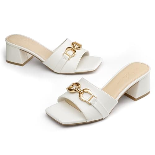 Athlefit Heeled Sandals for Women Mules Square Open Toe Chunky Block Heels Summer White Slip On Dress Shoes for Party Wedding Size 6.5 - Thumbnail 5