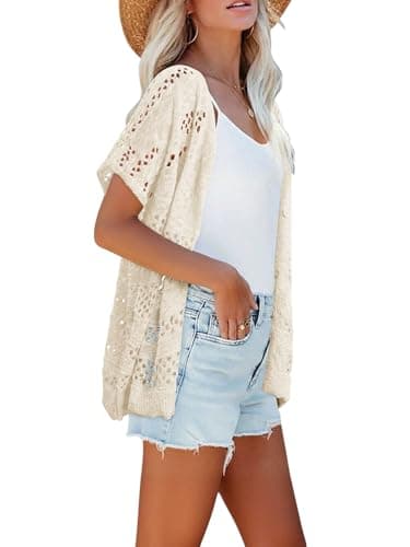 KISSMODA Womens Plastic Button Hollow Out Crochet Cardigan Light Apricot Oversized Loose Boho Summer Beach Picnic Cover-Up L - Thumbnail 5