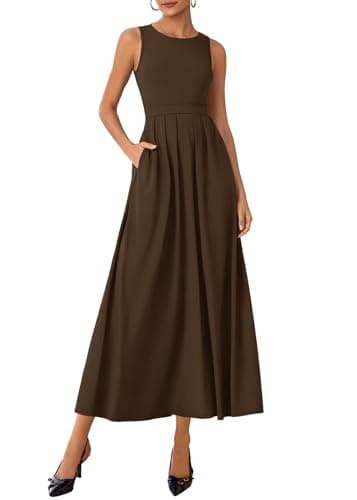 Lazysmile Summer Sleeveless Maxi Dresses for Women Mock Neck Pleated A Line Formal Cocktail Wedding Guest Dress Brown - Image 1