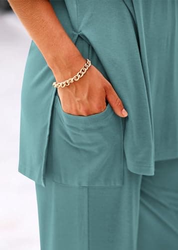 KIRUNDO 2 Piece Lounge Sets for Women Airport Travel Vacation Outfits Summer Casual Loose Short Sleeve Tops & Wide Leg Pants(Fruit Green, XX-Large) - Thumbnail 5