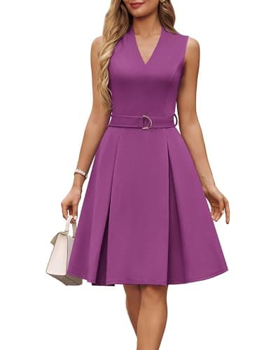 GRACE KARIN Women's Wear to Work Dresses 2026 Business Office Fit and Flare Midi Dress Church Outfits with Pockets Purple XXL - Image 1