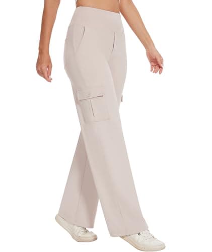LXP Yoga Cargo Pants Women Wide Leg Pants with Pockets High Waist Stretch Dress Casual Business Work Travel Pants,31",Khaki,S - Image 1