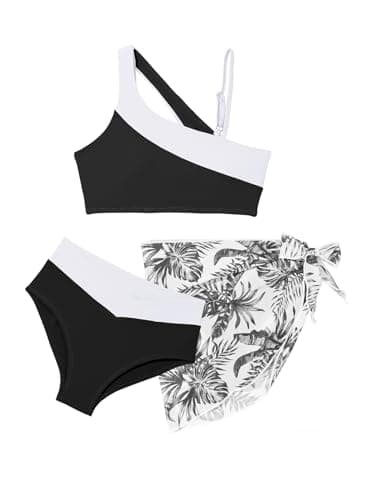 blibean Teen Girls Swimsuit Big Kids Bathing Suit Tween Matching Cutout Colorblock Bikini Sets Three Piece Hawaii Removable Pad Beach Swimwear Traje De Baño para Niñas Size 10-11 Years Old Black - Image 1