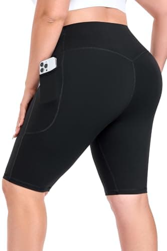 MEJING Plus Size Biker Shorts for Curvy Women with Pockets, Tummy Control Bike Spandex Athletic Workout Gym Yoga Running Shorts Black, High Waisted Stretchy Long Chafing Knee Length Summer Clothing L - Image 1