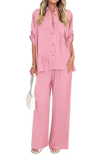 KIRUNDO Two Piece Sets for Women Spring Outfits 2026 Summer Dressy Casual Button Down Shirt Wide Leg Pants Lounge Set(Pink, Large) - Image 1